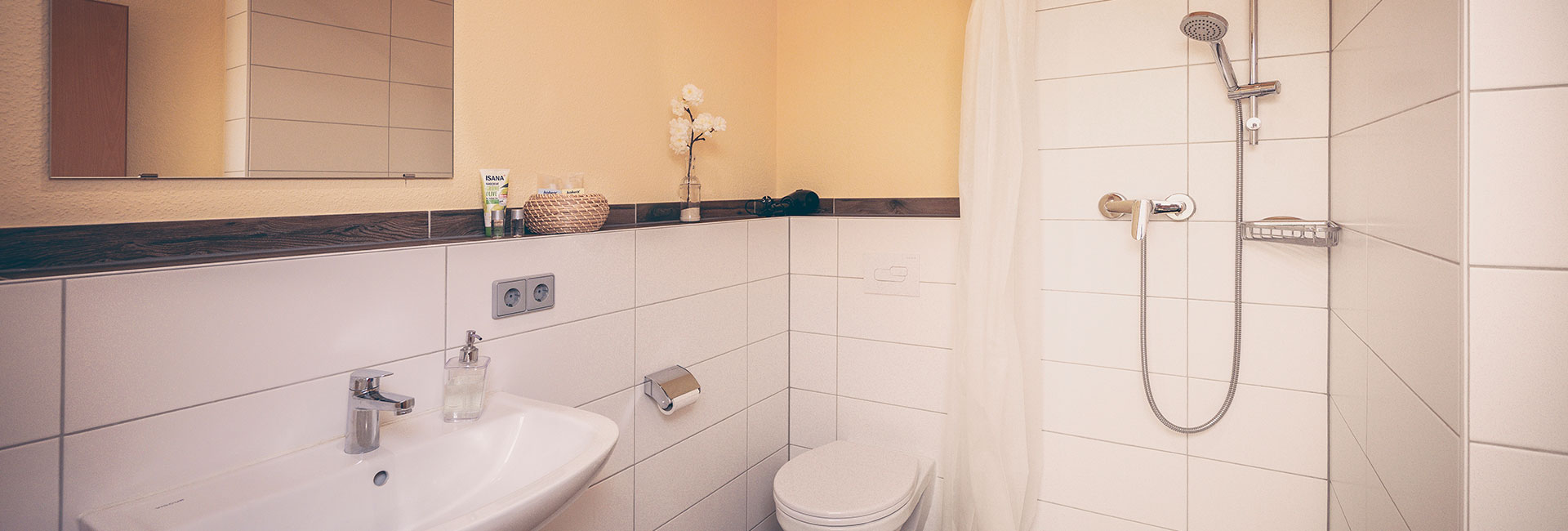 Blick in ein Badezimmer des Friederike-Wackler-Gästehauses mit Dusche, Waschbecken und WC.