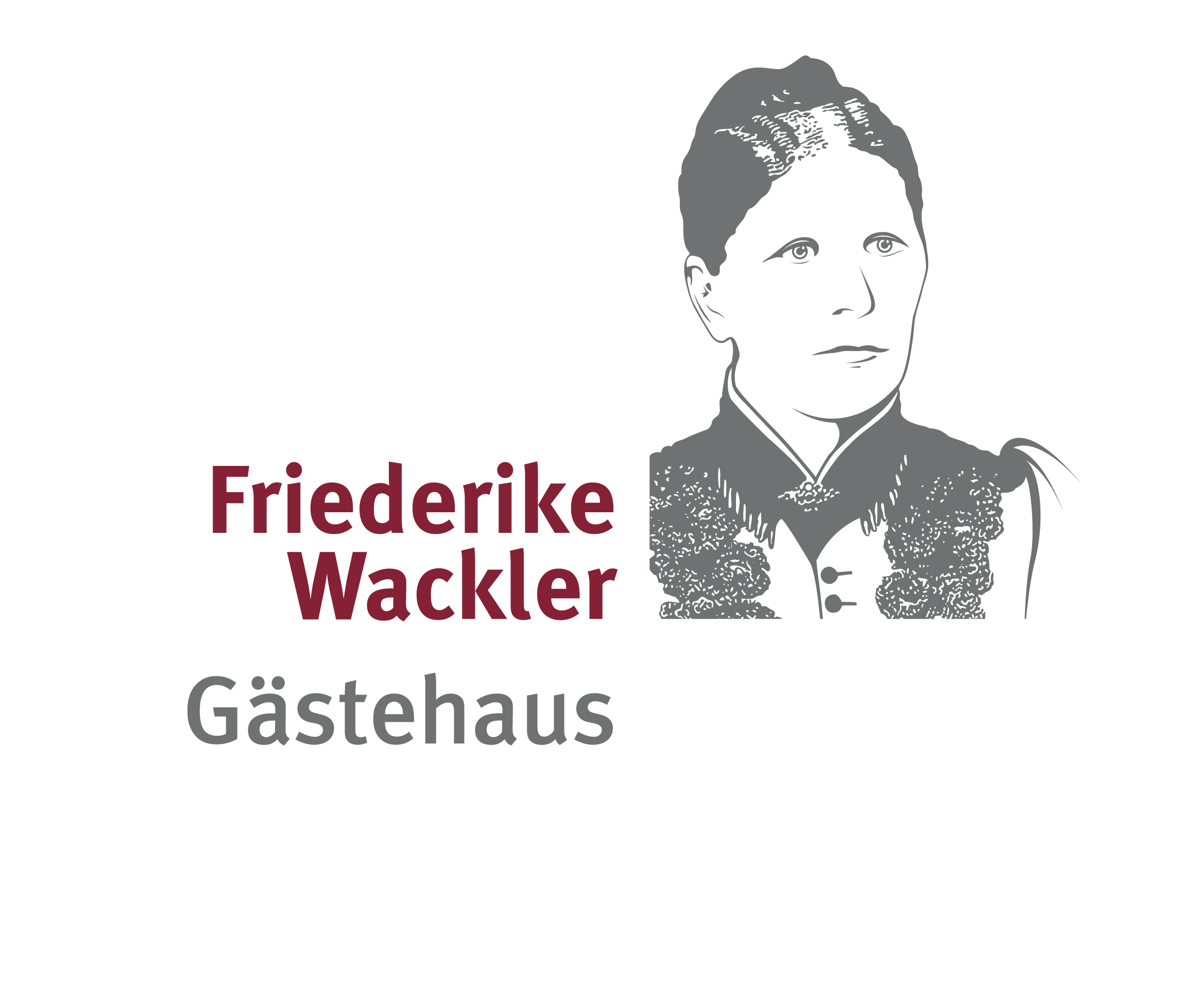 Das Logo des Friederike-Wackler-Gästehauses mit rotem und grauem Text sowie einer Bildmarke von Friederike Wackler